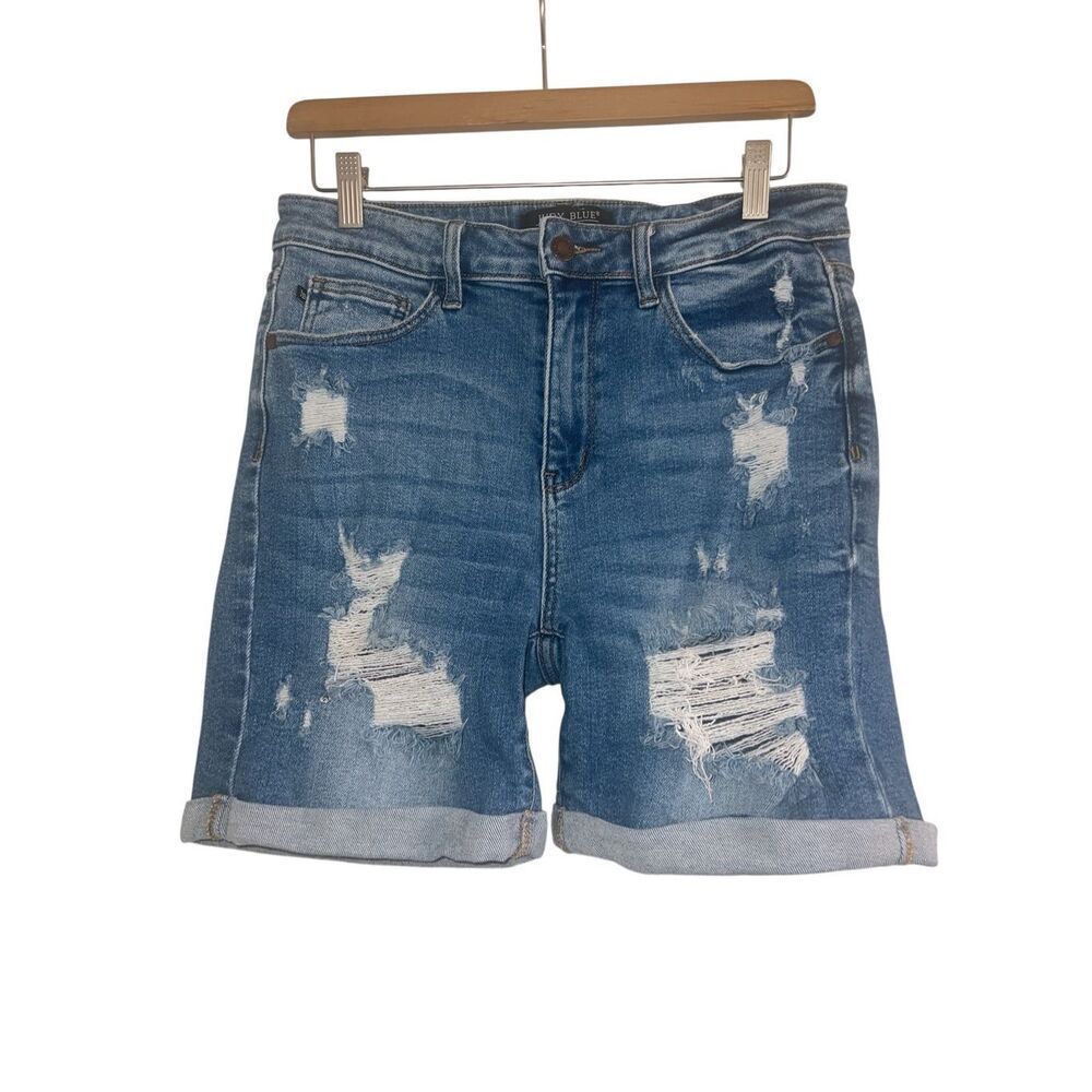 ✨Judy Blue Hi-Waist Mid-Length Distressed Sz Large Shorts✨ - Picture 4 of 7